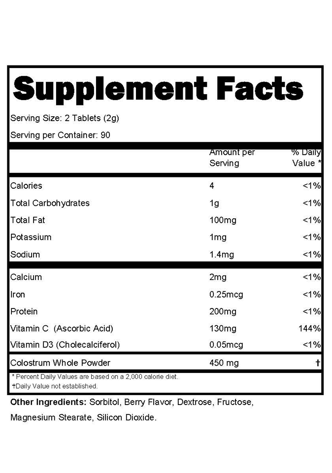 Colostrum Berry Flavor Supplement Fact sheet 06.15.22