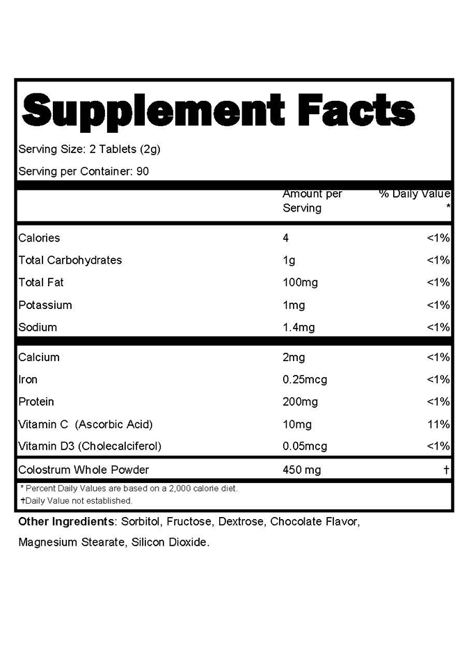 Colostrum Chocolate Flavor Supplement Fact sheet 06.15.22