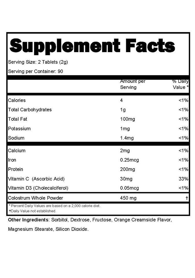 Colostrum Orange Creamsicle Flavor Supplement Fact sheet 06.15.22